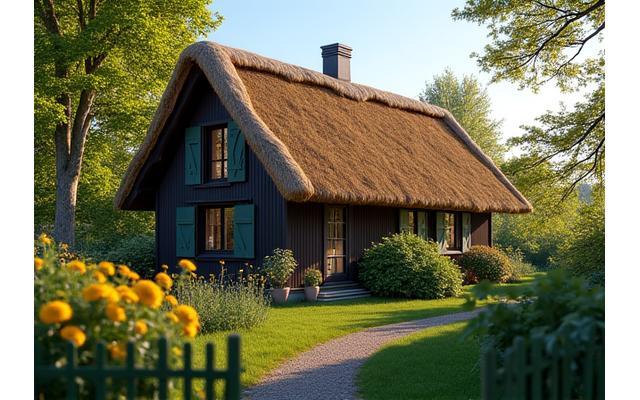 Hyggeligt stråtækt sommerhus med grøn have