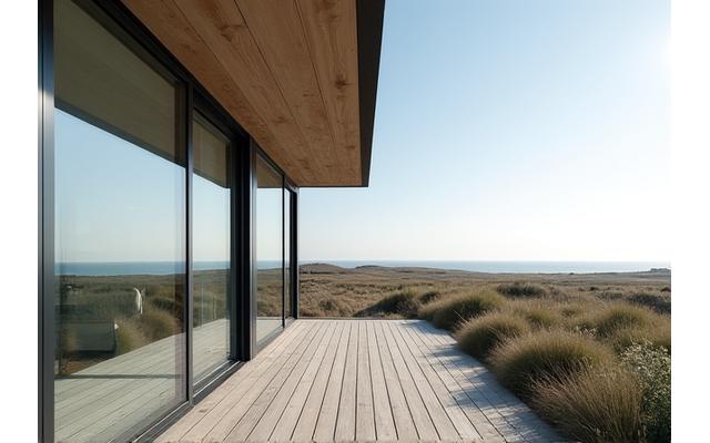 Luksuriøst, moderne feriehus med store vinduer og terrasse