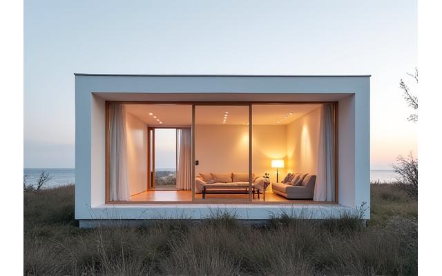 Minimalistisk feriehus ved kysten med åben planløsning