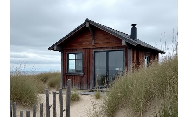 Traditionelt dansk træhus omgivet af klitter